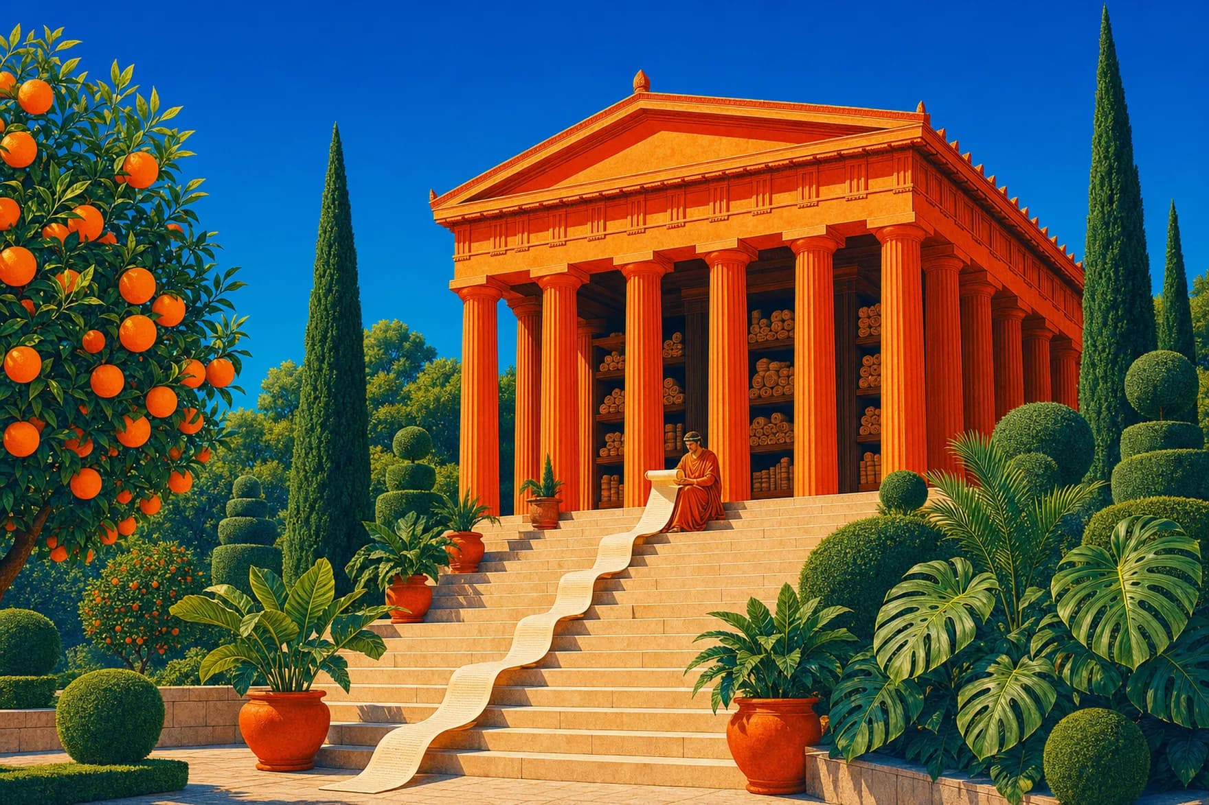 A vivid vermilion temple archive of rolled contracts, a robed scholar reading a scroll of fine print cascading down the steps, in a lush orange garden under a cobalt sky